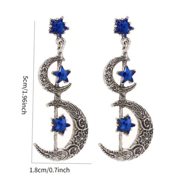 Celestial Blue Rhinestones Crescent Moon & Star Silver tone Long Earrings - Picture 6 of 6